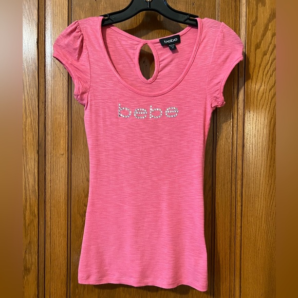 Vintage Bebe Y2K Crystal Logo Cap/Short Sleeve Shirt Size XS in Smokey Rose - Picture 1 of 7